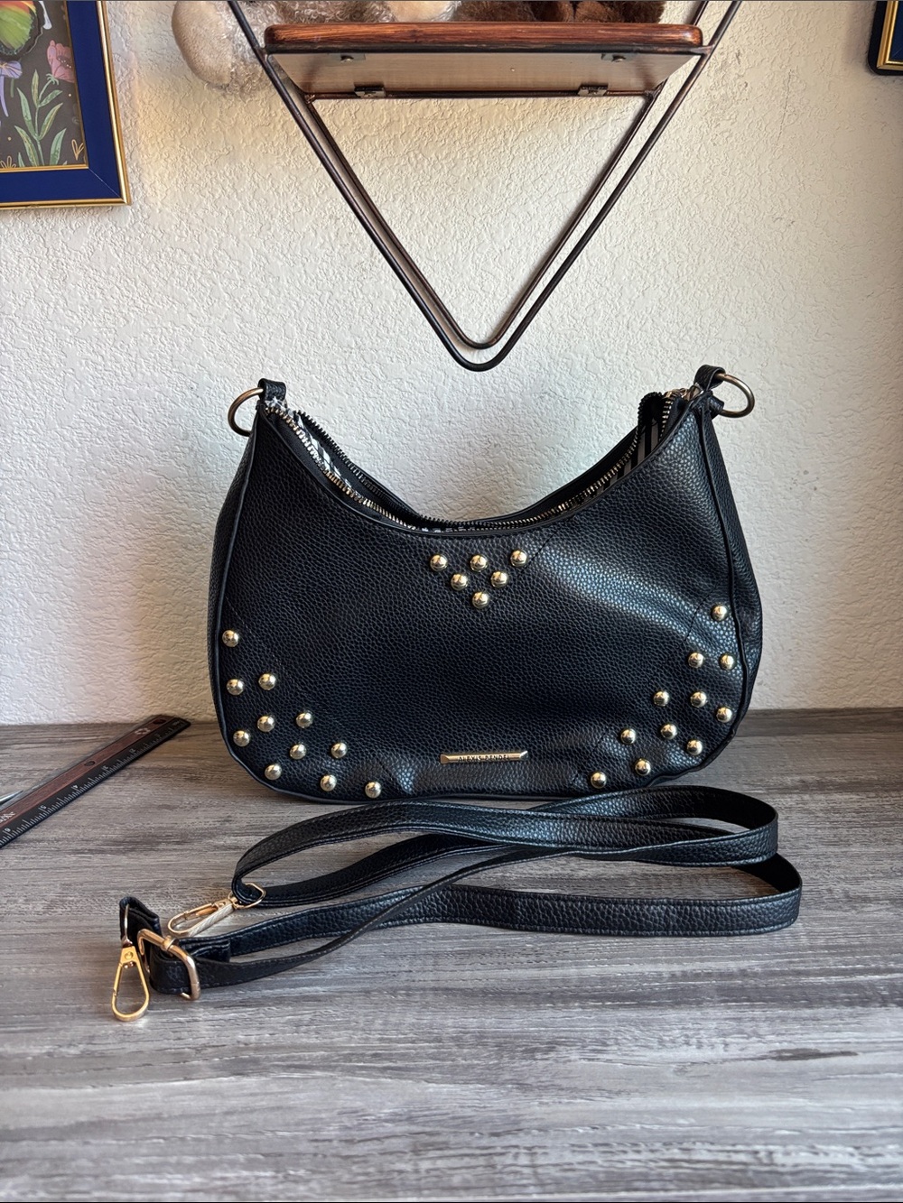 Alexis Bendel Black Studded Shoulder Bag with Gold Accents